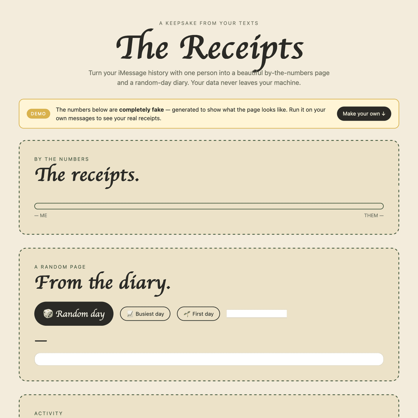 The Receipts iMessage archive viewer showing a keepsake page, message stats, and random-day diary controls.