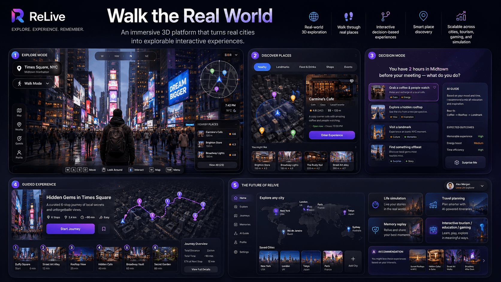 ReLive concept board showing a 3D real-world exploration platform.
